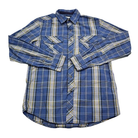 Real Tree Shirt Mens Small Blue Plaid Black Pearl Snap Button Up Dress Western - Picture 1 of 16